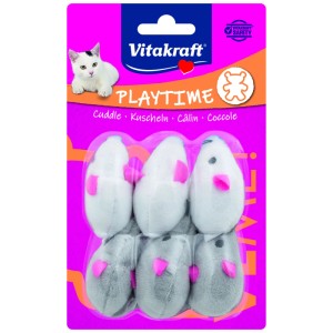 Vitakraft Fellmäuse, 6 Plüschmäuse (3 weiße, 3 graue) im Set, Katzenspielzeug.