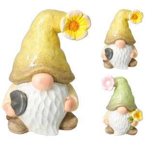 Mehrfarbiger Gartenzwerg als Dekofigur, 31 cm hoch, mit Blumenhut. Gartendekoration für den Außenbereich.