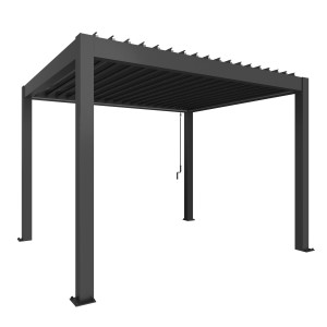 Pergola Biohort grigio scuro metallizzato con lamelle regolabili per ombra flessibile.