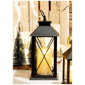 Schwarze LED-Laterne mit LED-Kerze, 32x14x14cm, warmweisses Licht für stimmungsvolle Beleuchtung.