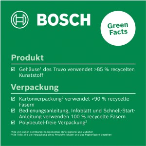 Durabilité du détecteur Bosch Truvo : Boîtier en plastique recyclé, emballage recyclé.