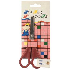 Kinderschere, 13 cm, mit abgerundeter Schneide und roten Griffen in Verpackung.