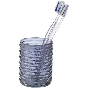 Portaspazzolino Wenko Vetro blu scuro in vetro con due spazzolini da denti.