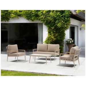 Ensemble lounge 4 pièces Acamp Lyon en aluminium toffee avec canapé, fauteuils et table pour jardin ou terrasse.