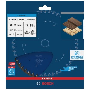 Lama per sega circolare Bosch Expert Wood Cordless, Ø 165mm, ottimizzata per seghe a batteria.