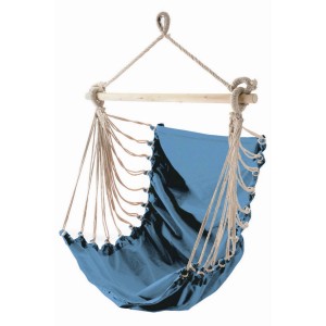 Sedia sospesa blu (85x160 cm) in cotone con barra di legno e sospensione a corda.