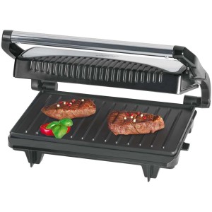 Clatronic Multigrill MG 3519: Grill elettrico con due bistecche su superficie antiaderente.