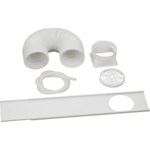 Accessoires pour climatiseur mobile : tuyau d'évacuation, joint de fenêtre, adaptateur et tuyau de vidange.