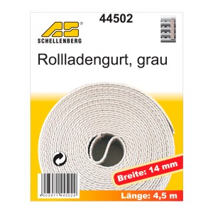 Sangle de volet roulant grise, largeur 14 mm, longueur 4,5 m, enroulée.
