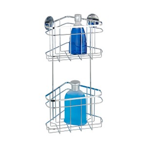 Étagère d'angle Wenko Turbo-Loc à 2 niveaux en acier inoxydable brillant, remplie de gel douche.