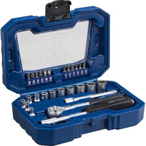 Jeu de clés à douille LUX Classic, 28 pièces, avec cliquet, douilles et embouts dans un coffret bleu.