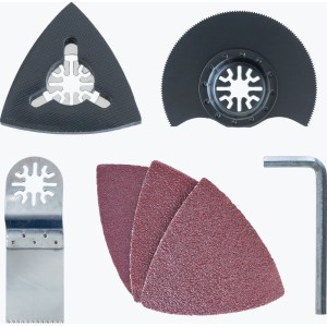 Accessoires pour outil multifonction sans fil LUX AMF-20Li : papier abrasif, lames de scie et clé Allen.