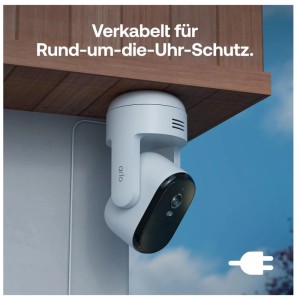 Arlo Essential 3 HD PTZ Sicherheitskamera (2er-Set, weiß) unter Dach montiert.