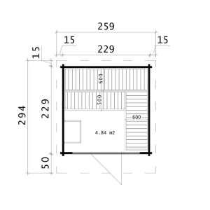 Plan de la sauna de jardin Finntherm Lupoa-44, naturelle, avec dimensions et disposition des bancs.