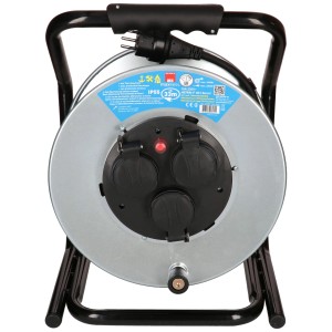 Enrouleur de câble en acier Max Hauri, 33m, avec 3 prises T13 et protection IP55 en noir.