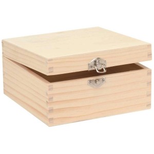 Scatola quadrata aperta in legno di pino (16x16x8,5 cm) con chiusura argentata, adatta per essere dipinta.