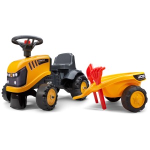 Falk JCB porteur avec remorque, jaune, avec pelle et râteau. Idéal pour les enfants dès 12 mois.