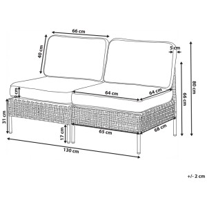 Dessin technique: Canapé de jardin Beliani Omegana 2 places en rotin PE beige clair avec dimensions.