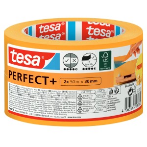 Tesa Ruban de masquage Perfect+ jaune, 2 rouleaux de 50m x 30mm. Adhésif pour des bords nets.