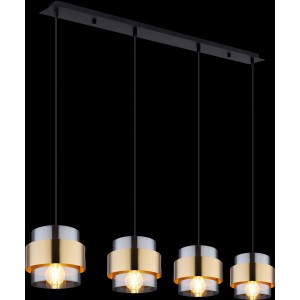 Lampada a sospensione Globo Milley, 4 luci, nero opaco con anello in ottone e vetro fumé.