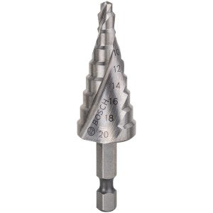 Foret étagé HSS Bosch (4-20 mm) avec queue hexagonale pour perceuses universelles.