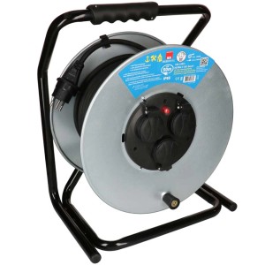 Enrouleur de câble en acier noir avec 3 prises T13 et câble de 33 m.