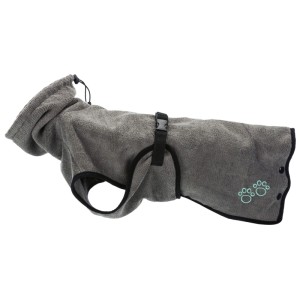 Peignoir pour chien Trixie gris et turquoise en tissu éponge, taille XS, avec motif de patte et sangle réglable.