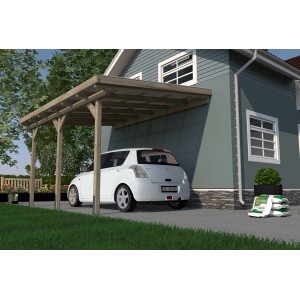 Copertura per terrazza in legno Weka misura 3 (424x306cm) con auto davanti casa. Tettoia in legno per terrazza.