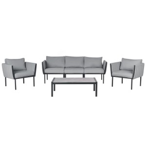 Ensemble lounge de jardin 5 places Beliani Skala gris foncé avec canapé, fauteuils et table.