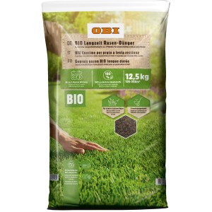 Sac d'engrais gazon longue durée OBI Bio 12,5 kg pour une pelouse dense et verte.