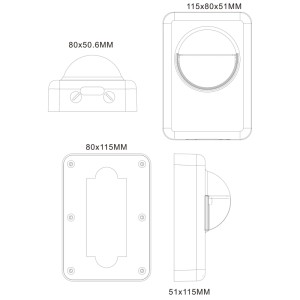 Disegno tecnico del rilevatore di movimento a batteria Schönenberger 24V, dimensioni e viste.