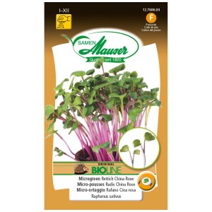 Samen Mauser Bio-Microgreen Ravanello China Rose con steli rosso-violacei e foglie verdi.