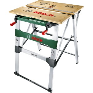 Banco da lavoro mobile Bosch PWB 600 con piano in bambù e telaio in alluminio.