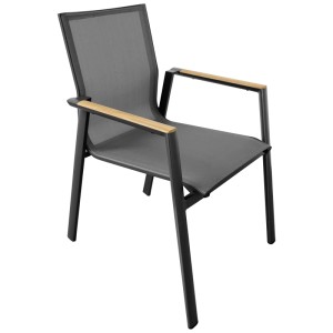 Sedia impilabile Acamp Vegas, sedia da giardino grigio antracite con braccioli in teak e tessuto traspirante.