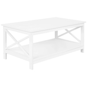 Table basse blanche Beliani Foster avec étagère et supports latéraux en X.
