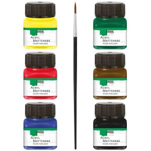 Kreul Acrylfarben Basis-Set, 6 Farben (Gelb, Rot, Blau, Grün, Braun, Schwarz) mit Pinsel.