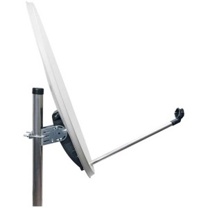 Antenne satellite Schwaiger gris clair (72 cm) montée sur un mât pour une réception TV et radio optimale.