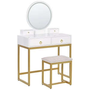 Coiffeuse blanche Beliani Auxon avec miroir LED et tabouret, cadre doré.