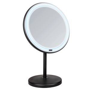 Miroir cosmétique sur pied Wenko Onno LED noir avec surface ronde et éclairage LED.