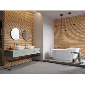 Piastrella da parete beige Cersanit Oslo Light con struttura in legno in bagno moderno.