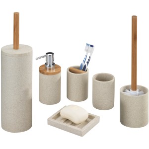 Set bagno Wenko Vico Beige: dispenser sapone, portaspazzolino, set WC e portasapone effetto pietra.