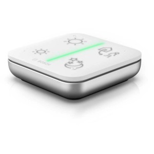 Bosch Smart Home Universalschalter II, weiße Fernbedienung mit vier Tasten und LED-Streifen.