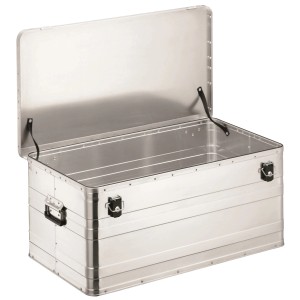 Boîte en aluminium LUX ouverte, 140 l, idéale pour le rangement et le transport d'outils.