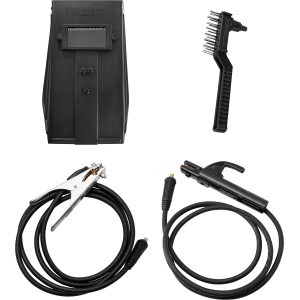 Poste à souder inverter Güde GIS 122 avec masque de soudure, porte-électrode, pince de masse et brosse métallique.