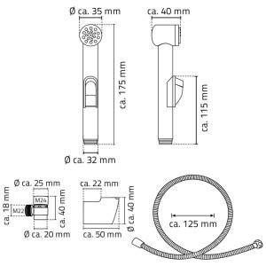 Dessin technique du set de douche Ridder Lyon chromé avec les dimensions de la douchette, du tuyau et du support.