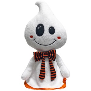Fantôme d'Halloween assis, blanc, 35 cm de haut, avec un nœud papillon rayé comme figurine décorative.