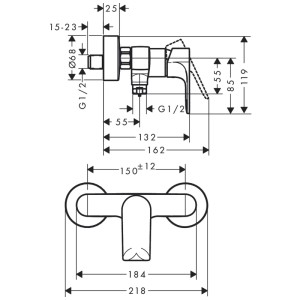 Disegno tecnico: Miscelatore doccia esterno Hansgrohe Rebris E, con dimensioni e collegamenti.