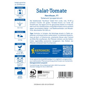 Sachet de graines de tomates Kiepenkerl Profi-Line Harzfeuer F1-Hybrid avec des informations sur la culture et la récolte.