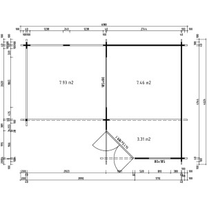 Pianta Alpholz casetta da giardino in legno Pepe Optima, 578x414cm, con indicazioni di superficie. Ideale per la progettazione.