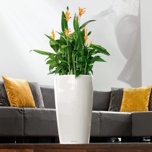 Pot de fleurs blanc Lechuza Rondo Premium (Ø 40 cm) avec plante, finition brillante. Idéal comme colonne végétale.